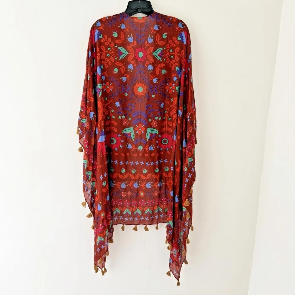 Natural Life Floral Tassel Kimono One Size Boho Festival Duster Ruana Wrap Beach - Picture 3 of 6